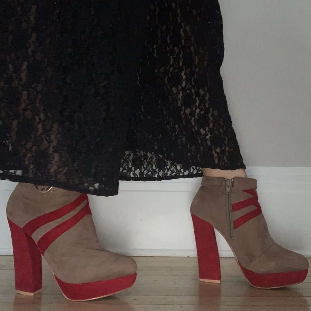 Mochi tan and red suede platform heels